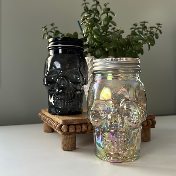 Packed Party Other - NEW • 2 Glass Skull Jars • Iridescent Skull Jar • Black Skull Jar